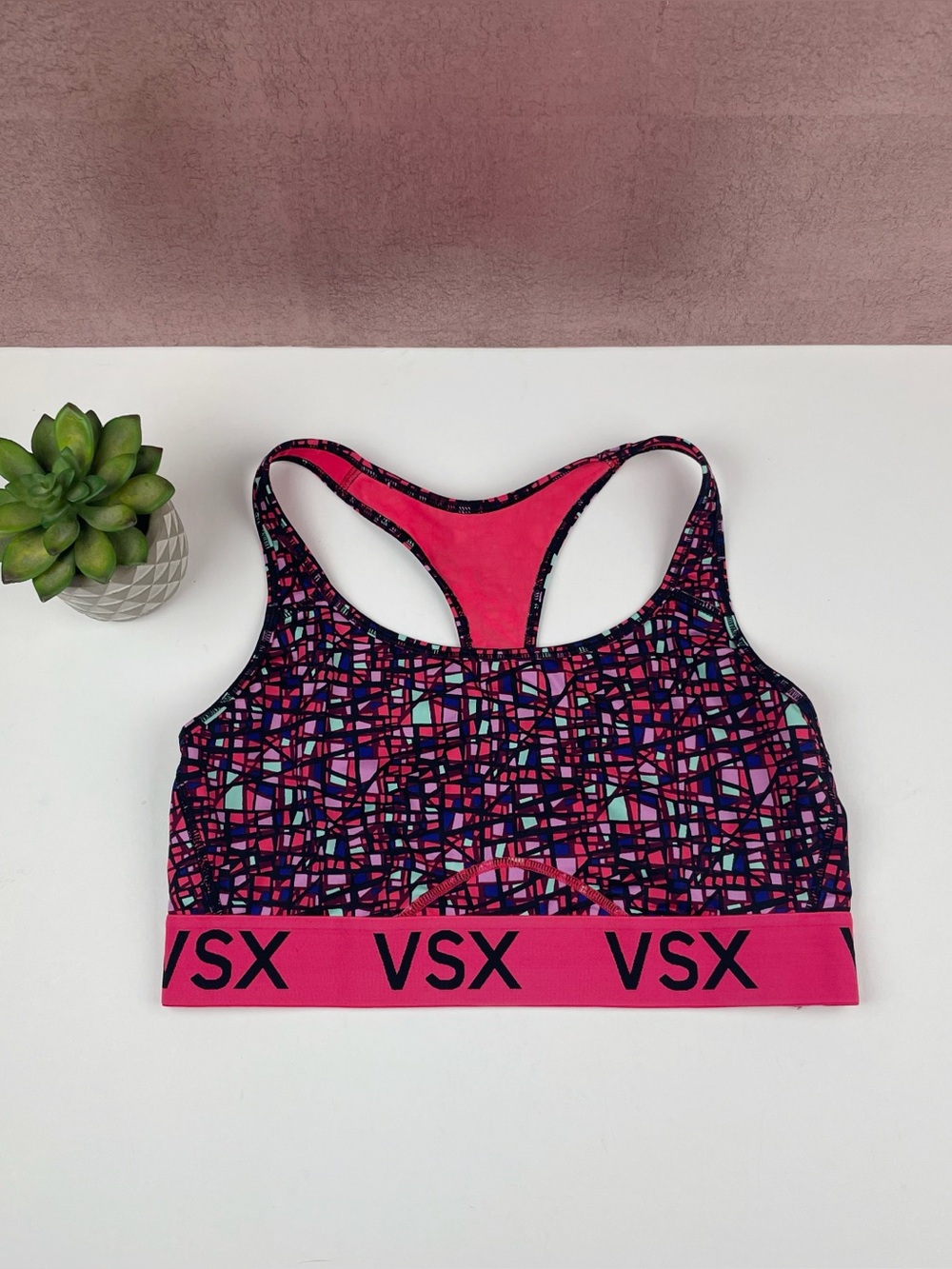 Victoria's Secret Hot Pink Black Purple Blue Geometric Sports Bra Women Large